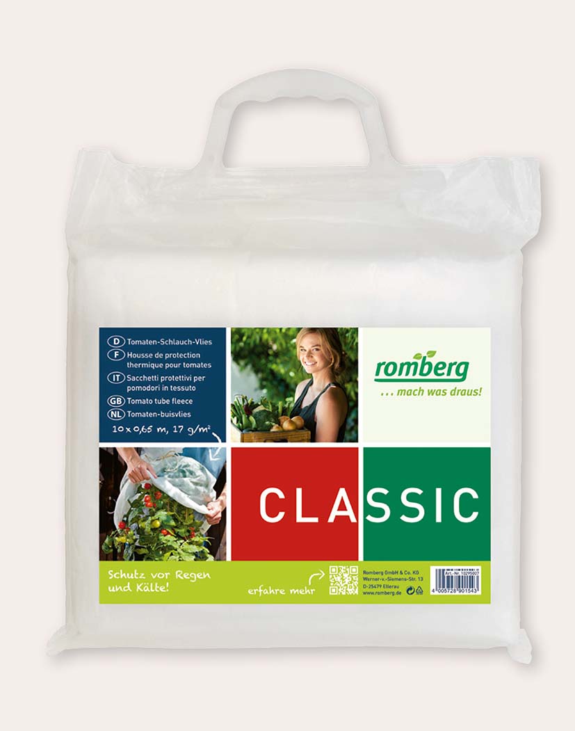 Verpackung Romberg Classic Tomaten-Schlauch-Vlies 10 x 0,65 m, 17 g/m² - weißes Pflanzenschutz-Vlies im Griffbeutel mit farbigem Produktetikett