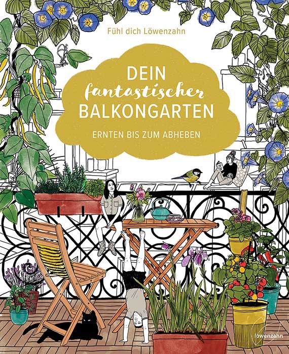 Illustration eines lebhaften Balkongartens als Buchcover mit Pflanzen in Kästen und Töpfen, Tisch und Klappstühlen, sitzenden Personen, einer Katze und einem Vogel am schmiedeeisernen Geländer; bunte, detailreiche Zeichnung