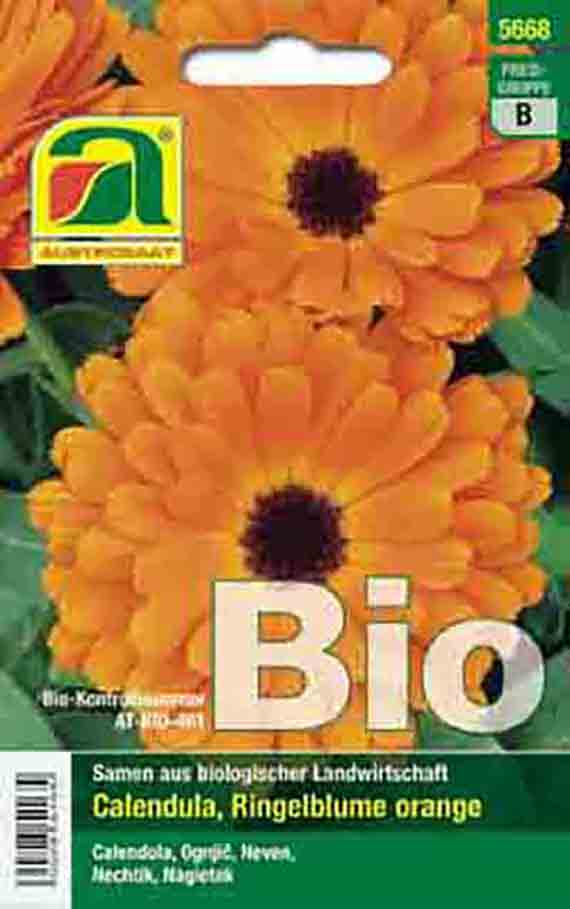 Samentüte Bio Calendula Ringelblume orange mit Foto oranger Blüten, Herstellerlogo und Hinweis Samen aus biologischer Landwirtschaft
