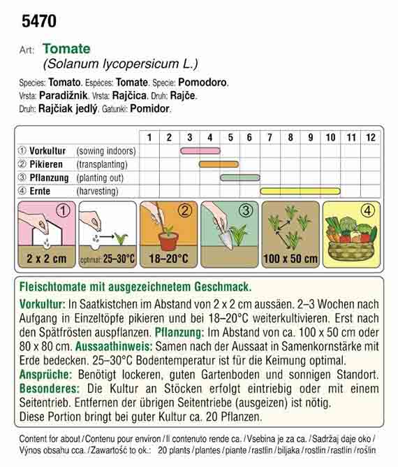 Etikett einer Saatguttüte: Tomate (Fleischtomate). Aussaat- und Pflanzkalender (Vorkultur, Pikieren, Auspflanzen, Ernte), Keimtemperatur 25–30°C, Pikiertemp. 18–20°C, Pflanzabstand ca. 100×50 cm, Aussaat 2×2 cm, Ertrag ca. 20 Pflanzen.