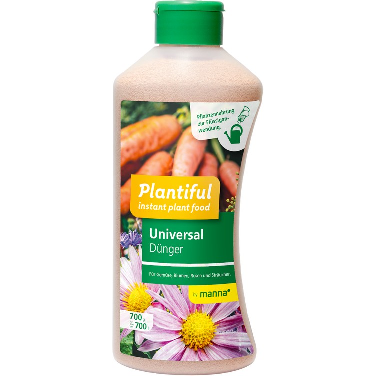 Flasche mit Plantiful Universal Dünger 700 g, Verpackung mit Karotten- und Blumenmotiv und Hinweis zur Flüssiganwendung
