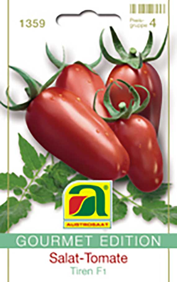 Saatgut-Packung der Gourmet Edition 'Salat-Tomate Tiren F1' mit Abbildung mehrerer länglicher roter Tomaten und grünem Markenlogo
