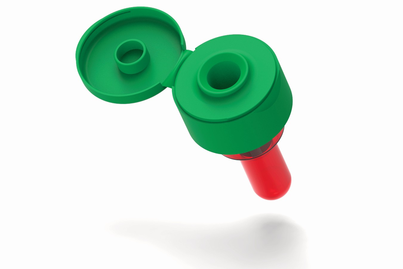 Geöffneter grüner Klappverschluss (Flip-Top) mit rotem Einsatz auf weißem Hintergrund, Nahaufnahme