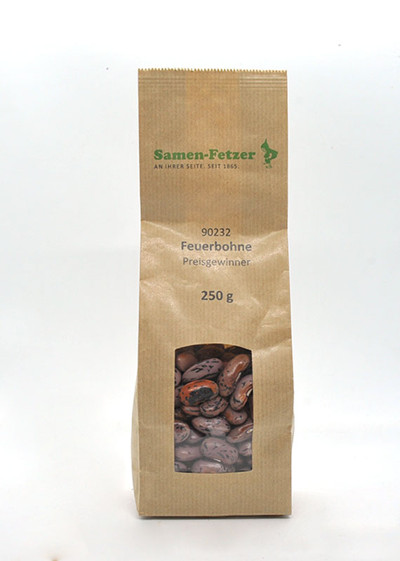 Brauner Papierbeutel mit Sichtfenster, Samen-Fetzer Feuerbohne 250 g, getrocknete marmorierte Bohnen sichtbar