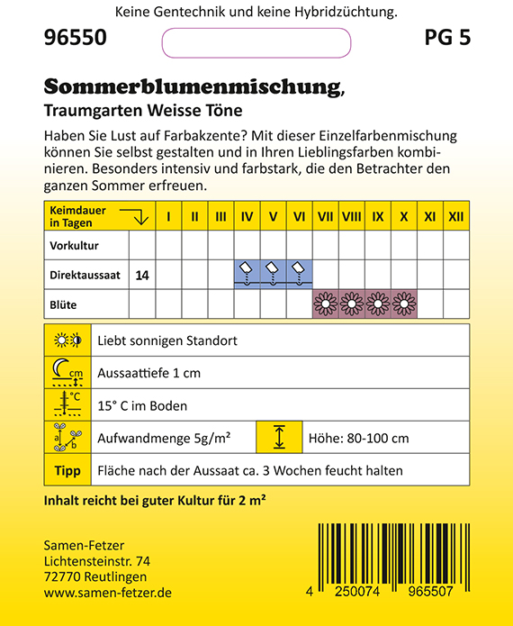 Rückseite eines Samen-Säckchens: Sommerblumenmischung 'Traumgarten Weisse Töne' (Art.-Nr. 96550) mit Aussaat- und Pflegehinweisen, Aussaatzeit/Keim- und Blühkalender, Aussaattiefe 1 cm, Aufwandmenge 5 g/m², Höhe 80–100 cm, Barcode
