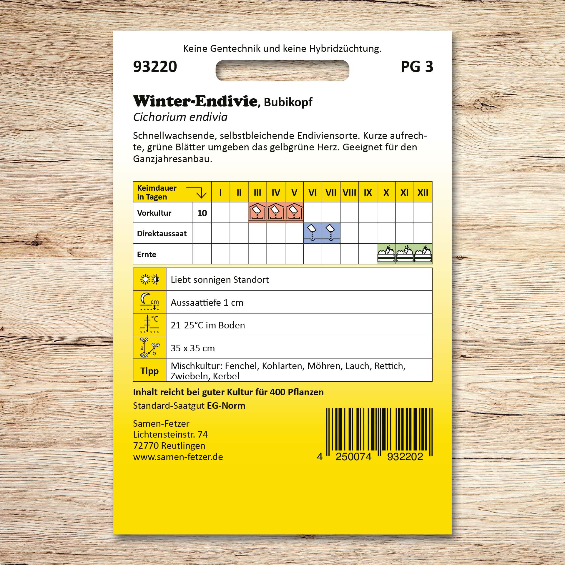 Rückseite der Samen-Fetzer Samentüte Winterendivien Bubikopf mit Aussaatkalender und Pflegehinweisen für schnellwachsende, selbstbleichende Endiviensorte.