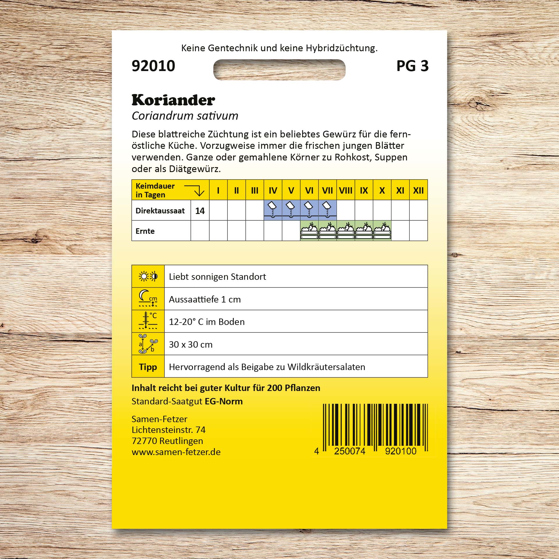 Rückseite der Koriander-Saatgutpackung von Samen-Fetzer mit Aussaatkalender, Erntezeit, Standort- und Pflanzhinweisen für blattreichen Koriander für die fernöstliche Küche