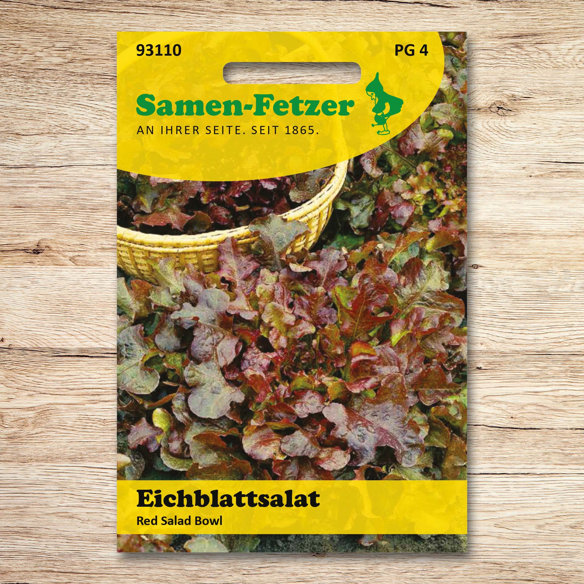 Saatgutpackung Eichblattsalat Red Salad Bowl von Samen-Fetzer mit rötlich-grünen Blättern, aromatischer Pflücksalat für Beet, Schale und Balkonkasten