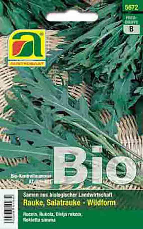 BIO-Saatgutpackung für Rauke (Salatrauke) 'Wildform' mit grünen, gezackten Blättern; Schriftzug 'Samen aus biologischer Landwirtschaft' sichtbar