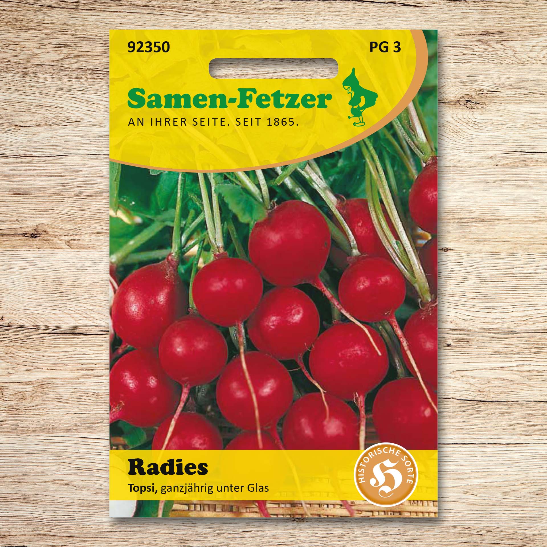 Saatgutpackung Radies Topsi aus dem Samen-Sortiment Fetzers Schnelle Ernte Set mit roten Radieschen, ideal für schnelle Ernte in Beet, Hochbeet und Balkonkasten.