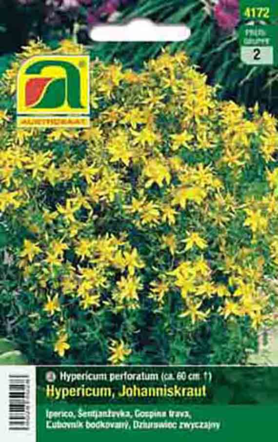Samenpäckchen mit Hypericum perforatum (Johanniskraut), Bild dichter gelber sternförmiger Blüten, Herstellerlogo oben links und Pflanzenangaben unten
