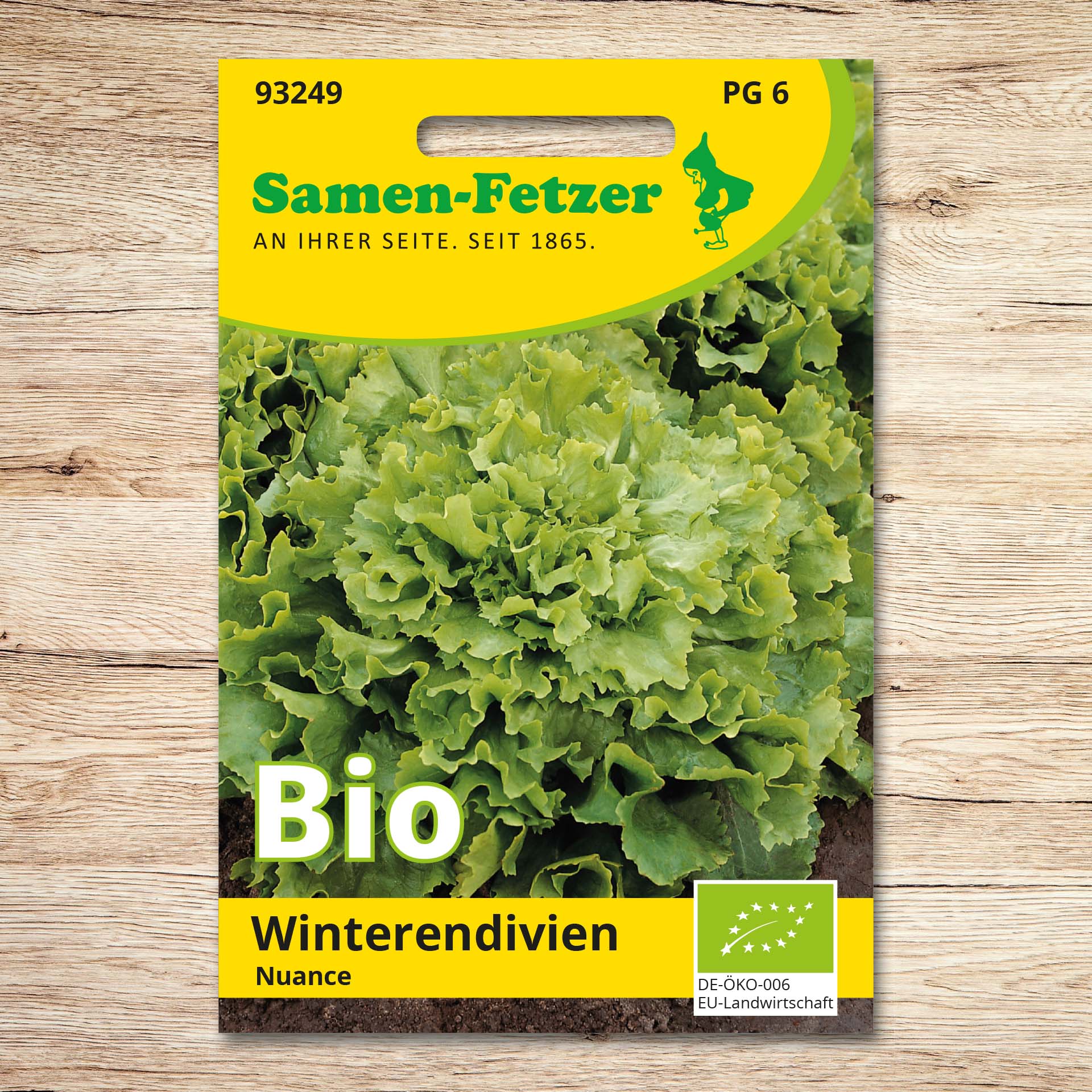 Saatgutpackung Samen-Fetzer Endivien Bio Nuance mit dicht gefülltem, grünem Winterendivien-Kopf, ideal für Mischsalate und Dekoration.