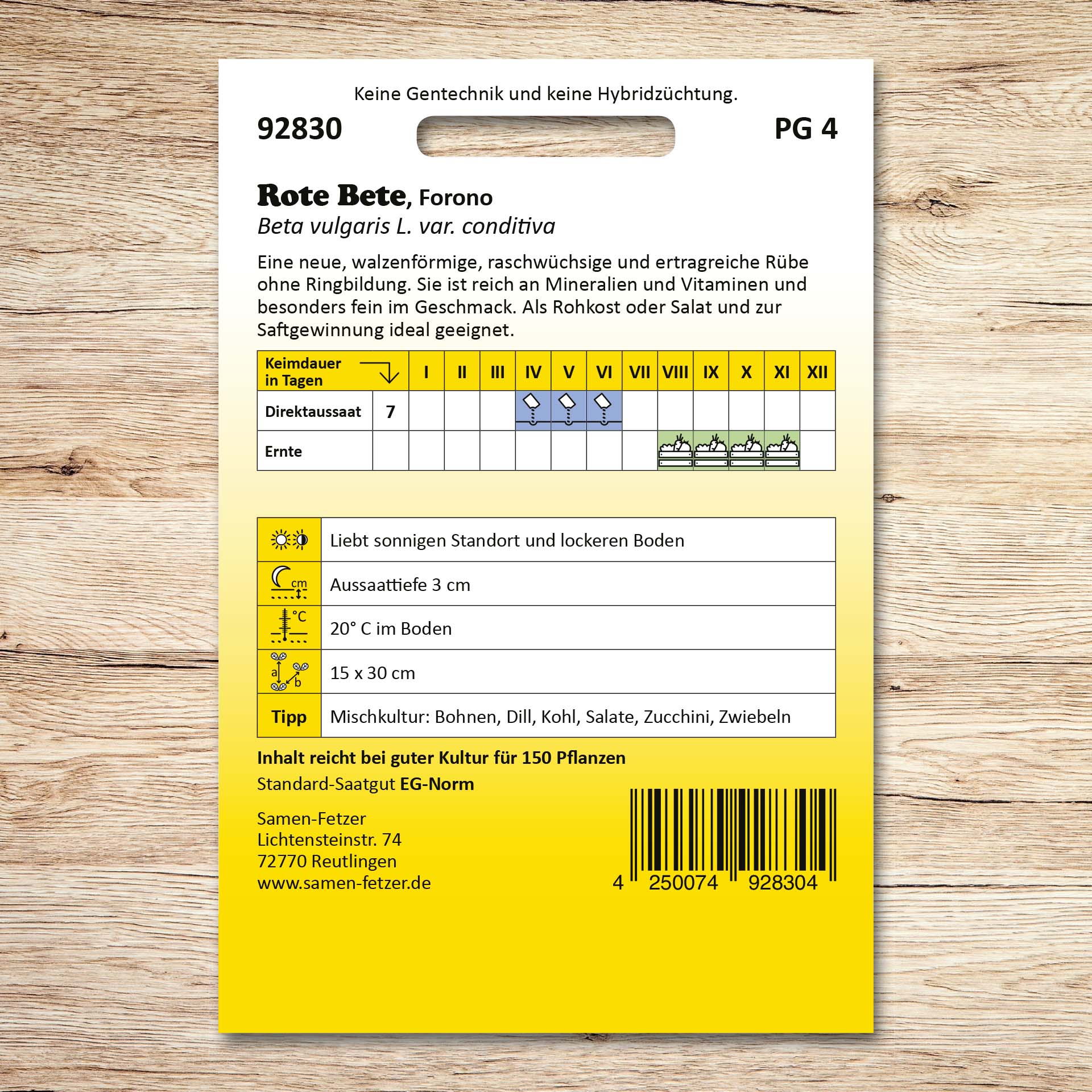 Rückseite der Saatgutpackung Rote Bete Forono von Samen-Fetzer mit Aussaat- und Erntekalender sowie Angaben zu walzenförmiger, raschwüchsiger, ertragreicher Sorte ohne Ringelung.