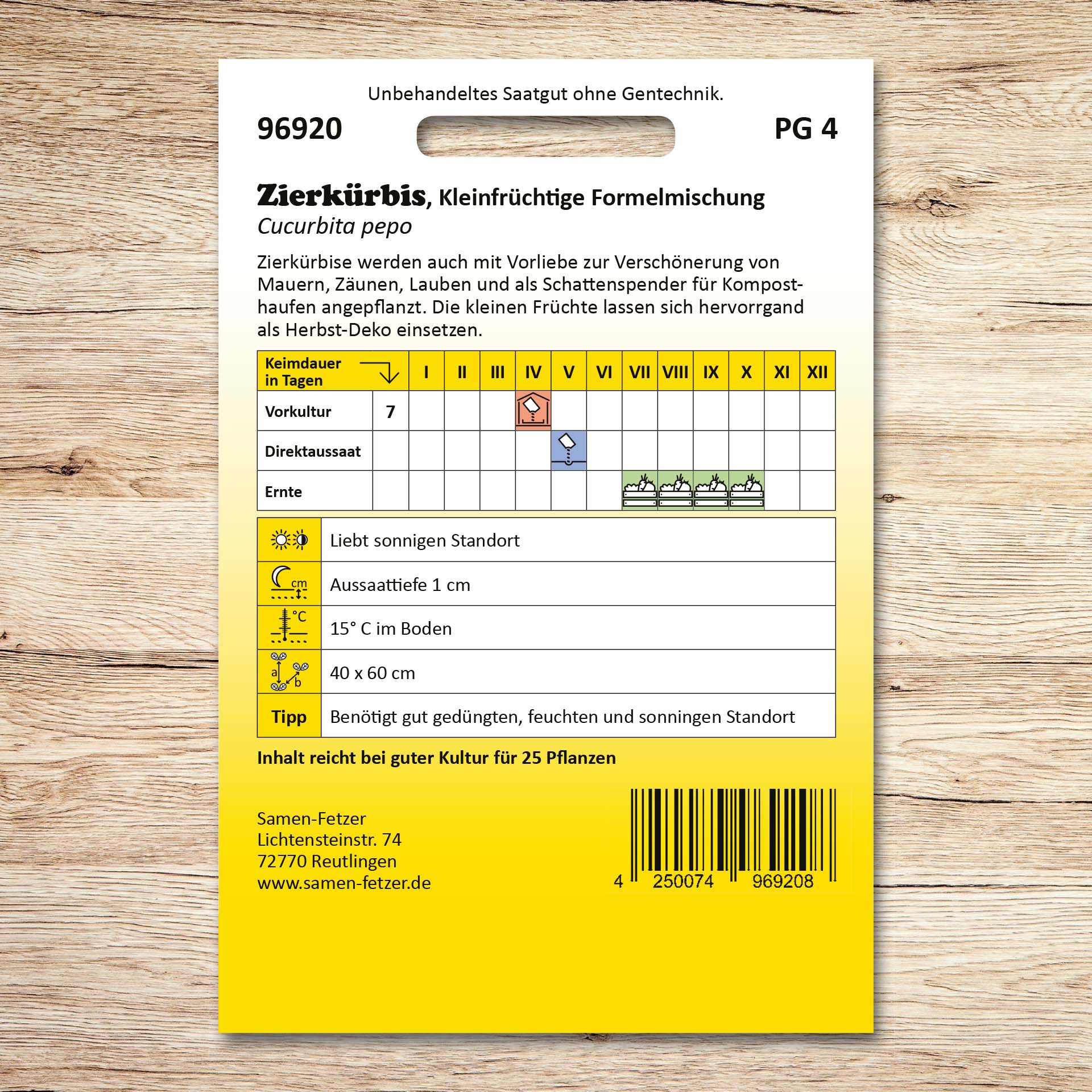 Rückseite der Samenpackung Zierkürbis Kleinfrüchtige Formelmischung von Samen-Fetzer mit Aussaat- und Erntehinweisen, ideal für Herbst-Deko sowie zur Begrünung von Mauern, Zäunen und Lauben.