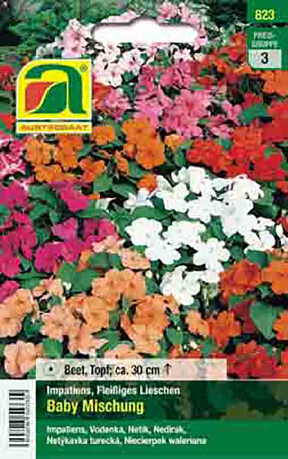 Samentüte mit Fleißiges Lieschen (Impatiens) 'Baby Mischung'. Verpackungsbild zeigt dichtes Farbmix aus weißen, rosa, orange und roten Blüten, geeignet für Beet und Topf, Wuchshöhe ca. 30 cm.