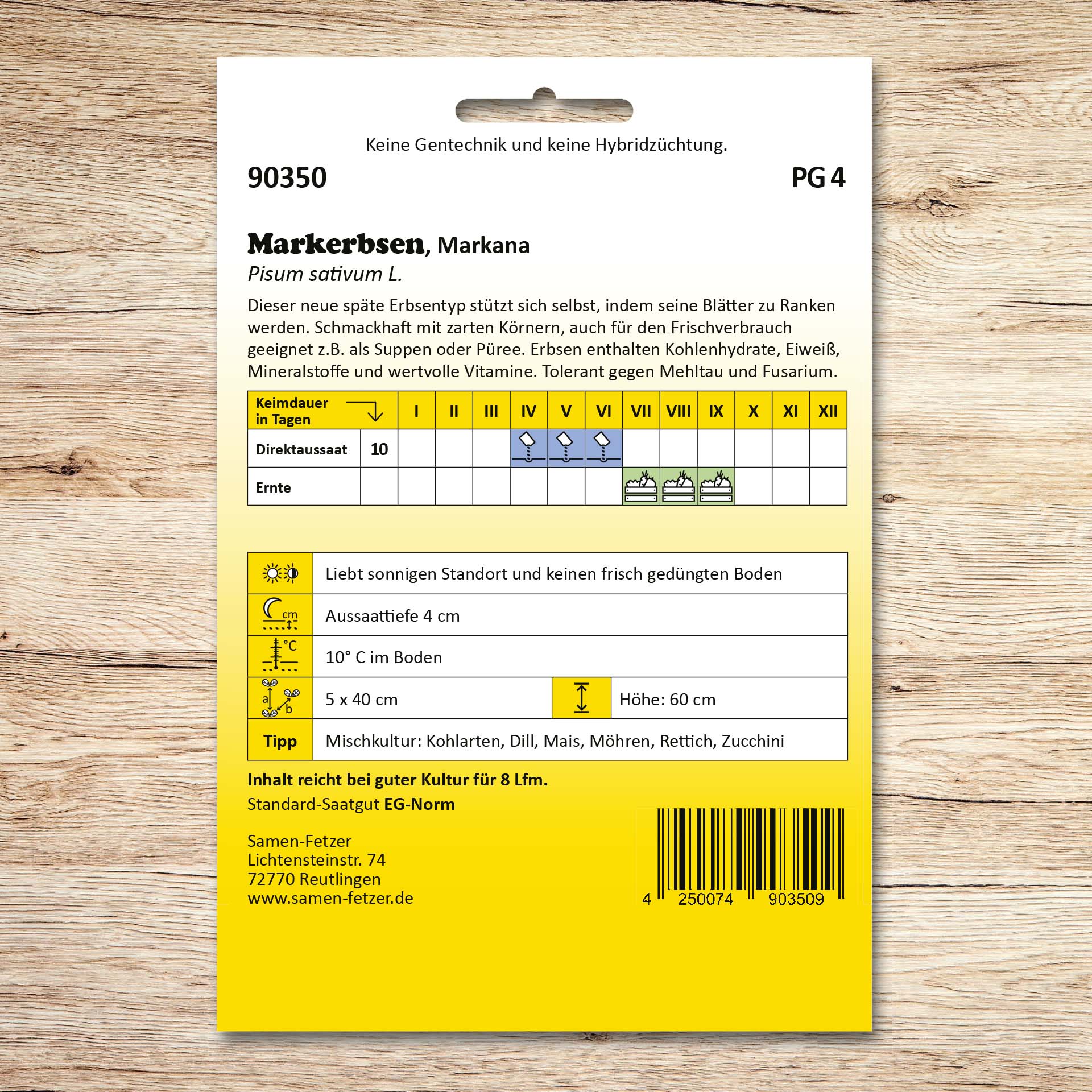 Rückseite der Samen-Fetzer Saatgutpackung Markerbsen Markana mit Informationen zu Aussaat, Ernte, Standort, Aussaattiefe und Wuchshöhe der späten, mehltau- und fusariumtoleranten Markerbse.