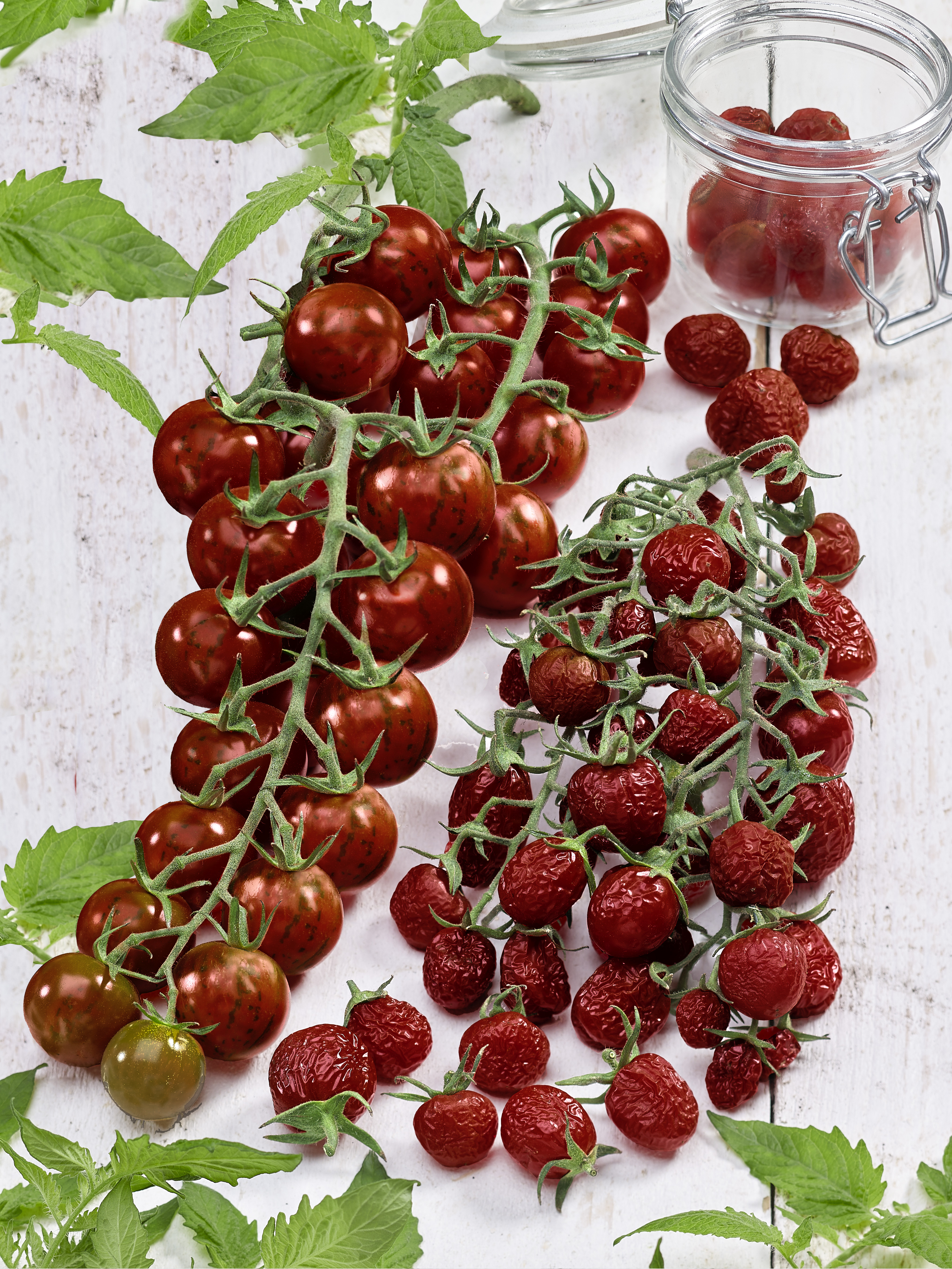 Mehrere Rispen frischer roter Kirschtomaten neben einer Rispe getrockneter Tomaten und einem Einmachglas auf weißem Holzuntergrund mit grünen Tomatenblättern