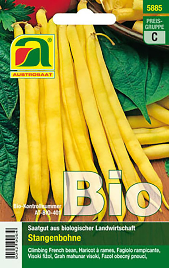 Austrosaat Bio Stangenbohne Saatgutpackung mit gelben Kletterbohnen auf grünem Hintergrund