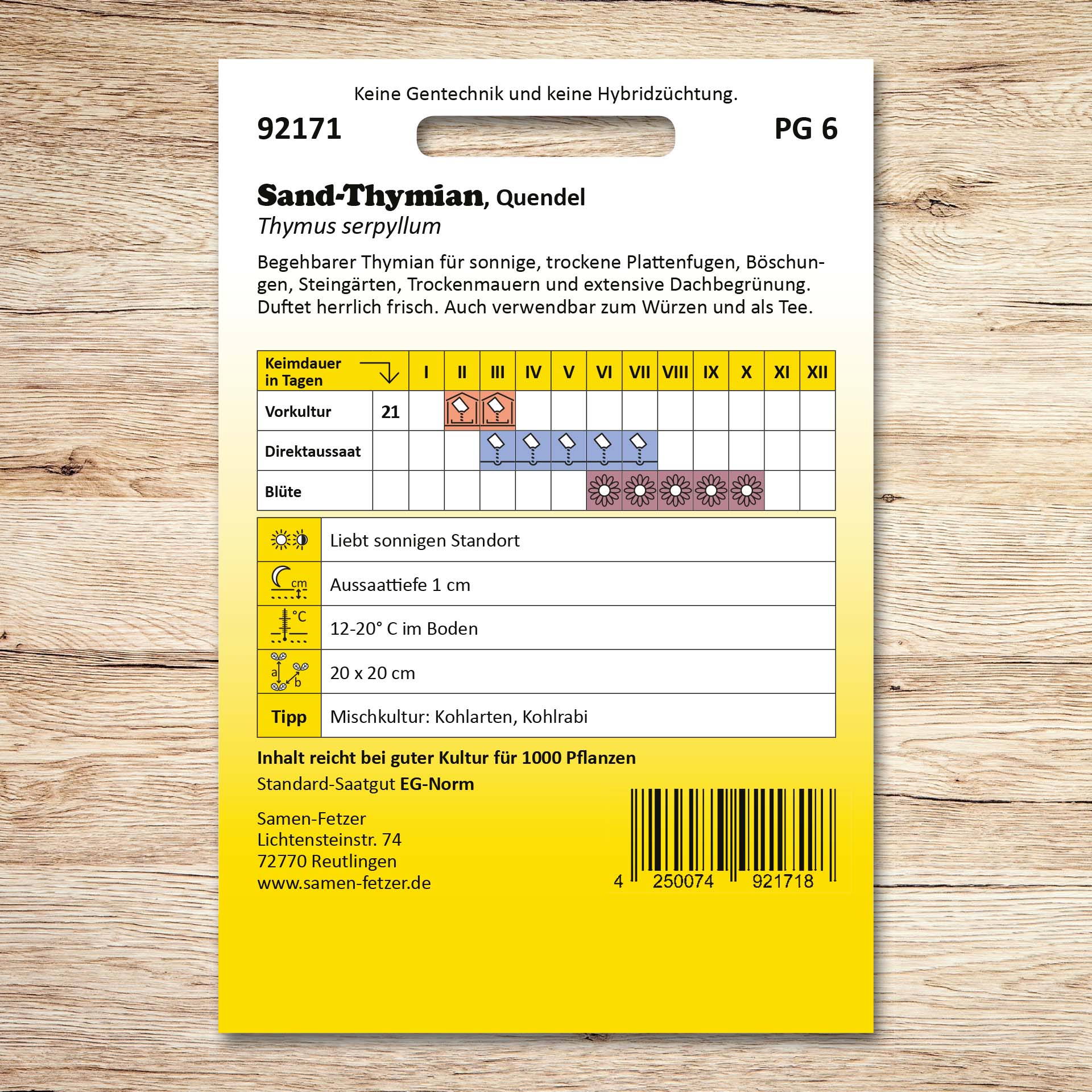 Rückseite der Samenpackung Sand-Thymian Quendel von Samen-Fetzer mit Aussaatkalender und Pflegehinweisen für sonnige, trockene Standorte; ideal als Bodendecker, für Plattenfugen, Steingärten und als Küchenkraut.