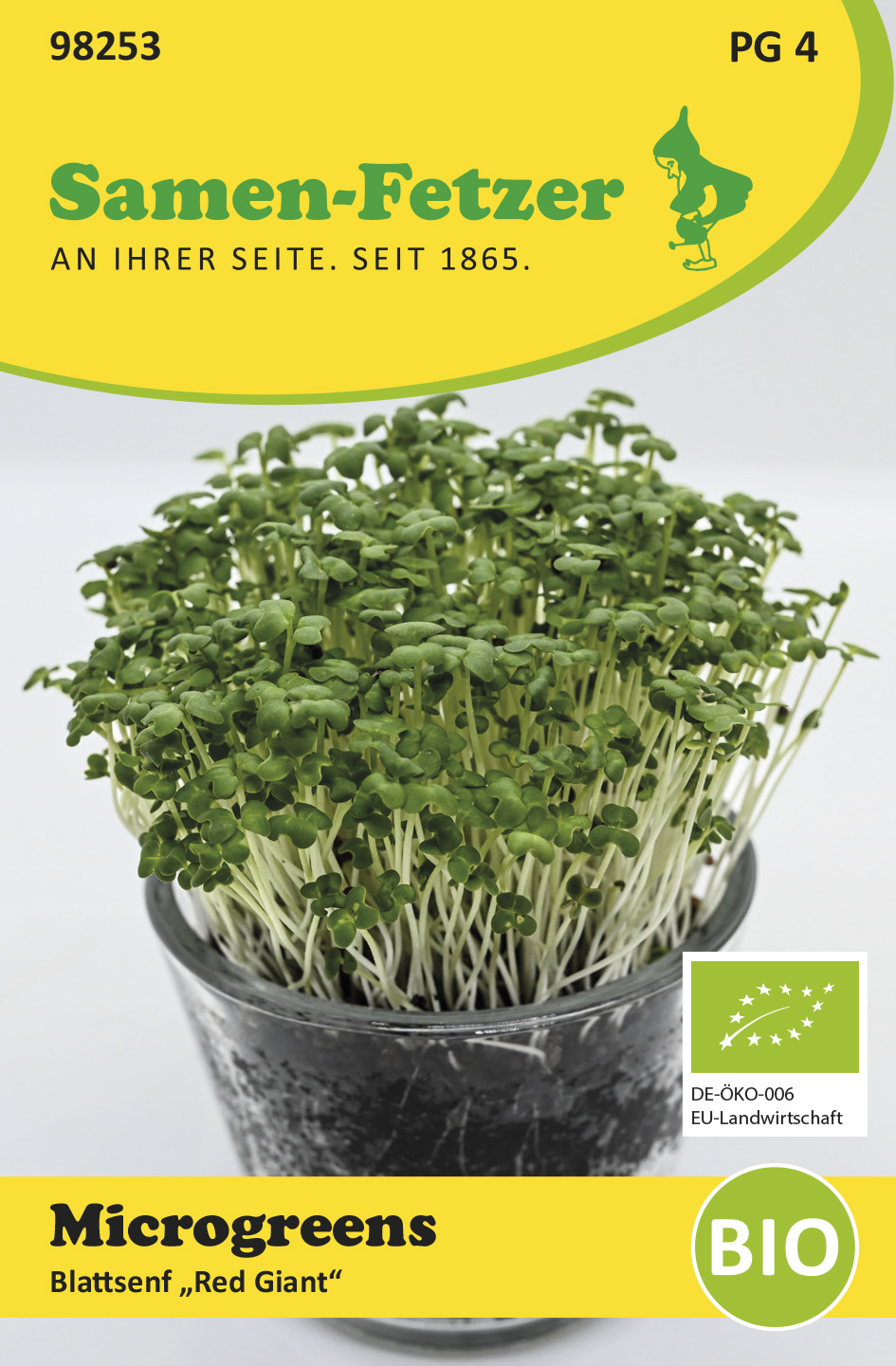 Bio-Blattsenf Red Giant als Microgreens im Topf, passend zum Samen-Sortiment Fetzers Microgreens Küchen Set für die einfache Anzucht aromatischer Keimlinge auf der Fensterbank
