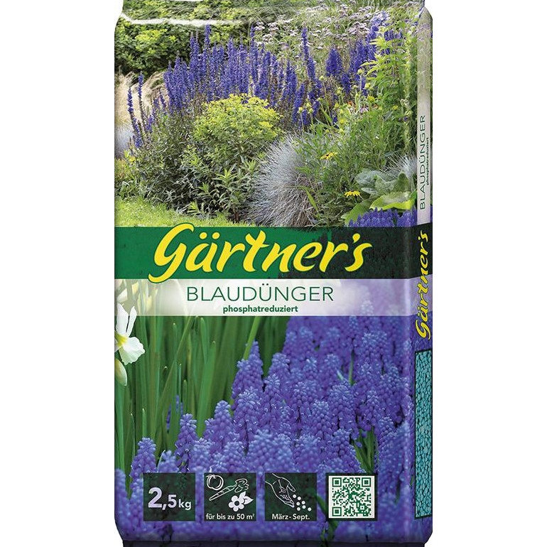 Packung Gärtner's Blaudünger 2,5 kg mit blauem Blumenmotiv, phosphatreduziert; Blumendünger für Beete und Zwiebelpflanzen, ergiebig bis 50 m², Anwendung März–September