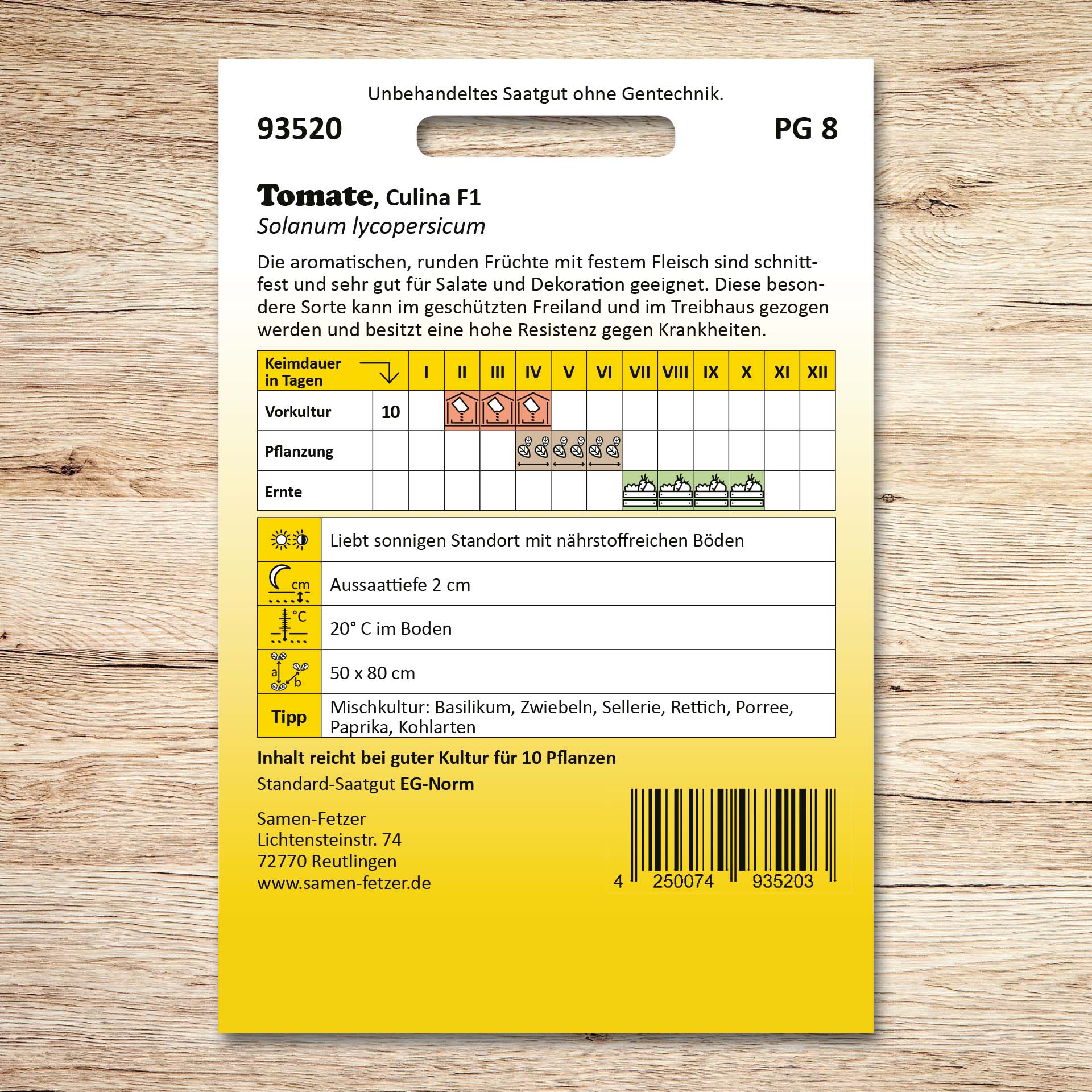 Rückseite der Samenpackung Tomaten Culina F1 von Samen-Fetzer mit Aussaatkalender, Pflanzabstand und Infos zu aromatischen, festen Früchten für Salate und geschützten Freiland- oder Treibhausanbau
