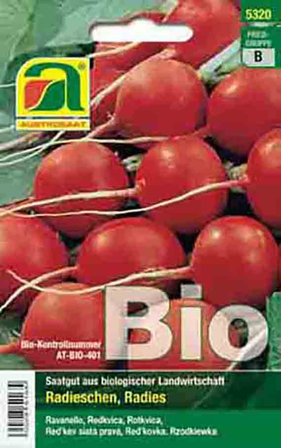 Samenpackung Bio-Radieschen mit roten Rundradieschen auf Verpackung, Aufdruck 'Bio' und Markenlogo