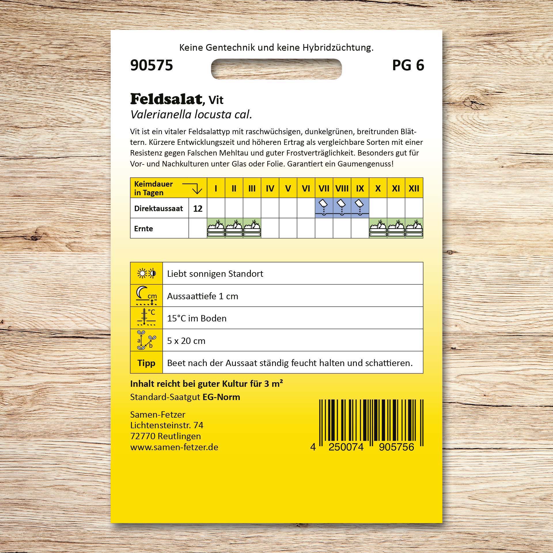 Rückseite der Samen-Fetzer Saatband-Verpackung Feldsalat Vit mit Aussaat- und Erntekalender, vitaler, dunkelgrüner, frostverträglicher Feldsalat, resistent gegen Falschen Mehltau.