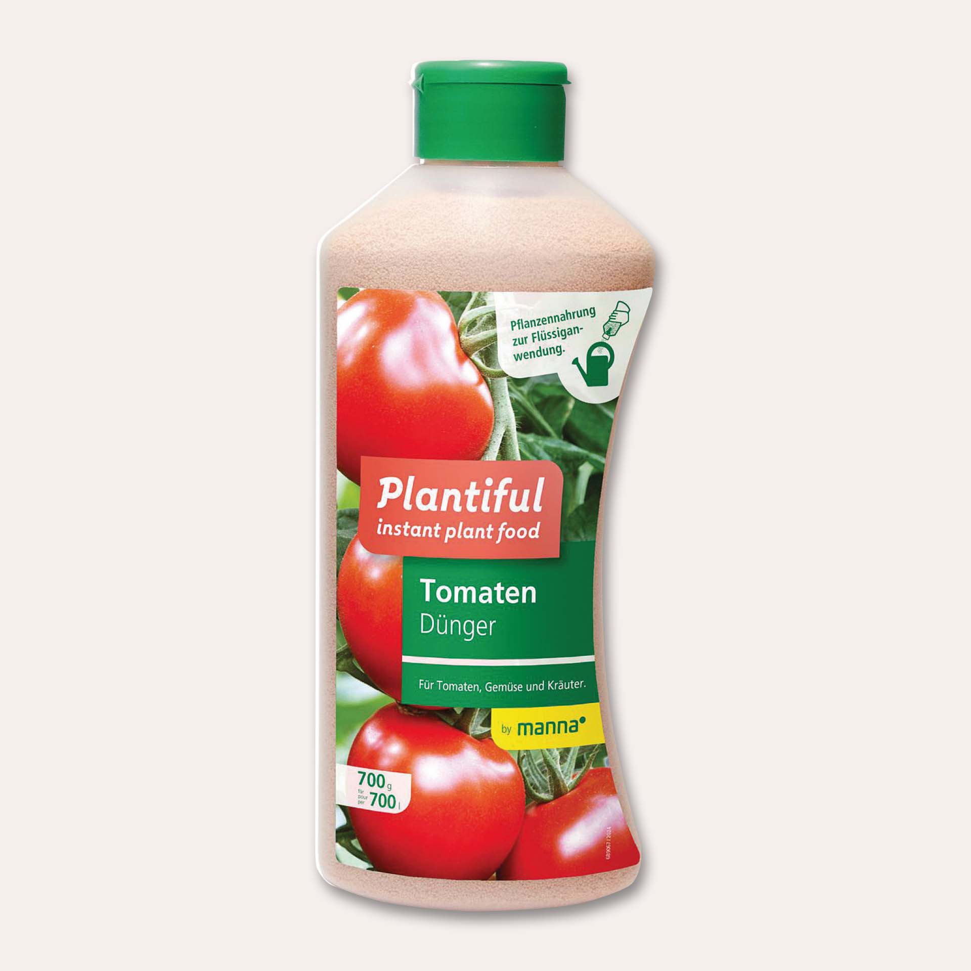 Abgebildet ist die Flasche Plantiful Tomatendünger von Hauert Manna, ein mineralischer NPK-Flüssigdünger für Tomaten, Paprika und Chili in Topf, Hochbeet und Gewächshaus.