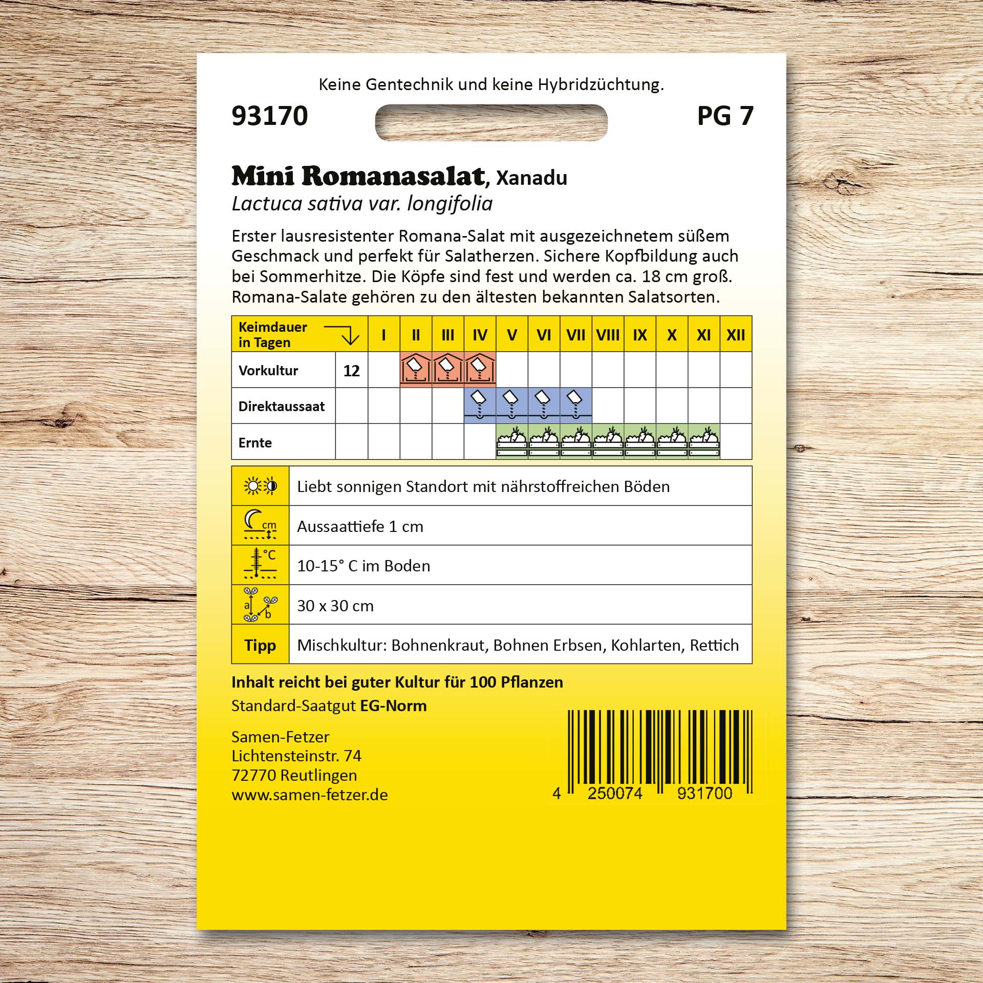Rückseite der Samen-Fetzer Samentüte Mini Romanasalat Xanadu mit Aussaat- und Erntekalender, Pflanzabstand und Hinweisen zu lausresistentem, süß schmeckendem Mini-Romanasalat.