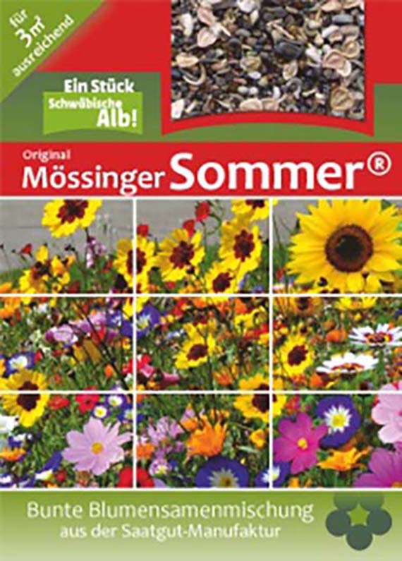 Verpackung der Bunte Blumensamenmischung von Mössinger Sommer® mit verschiedenen Blumenmotiven