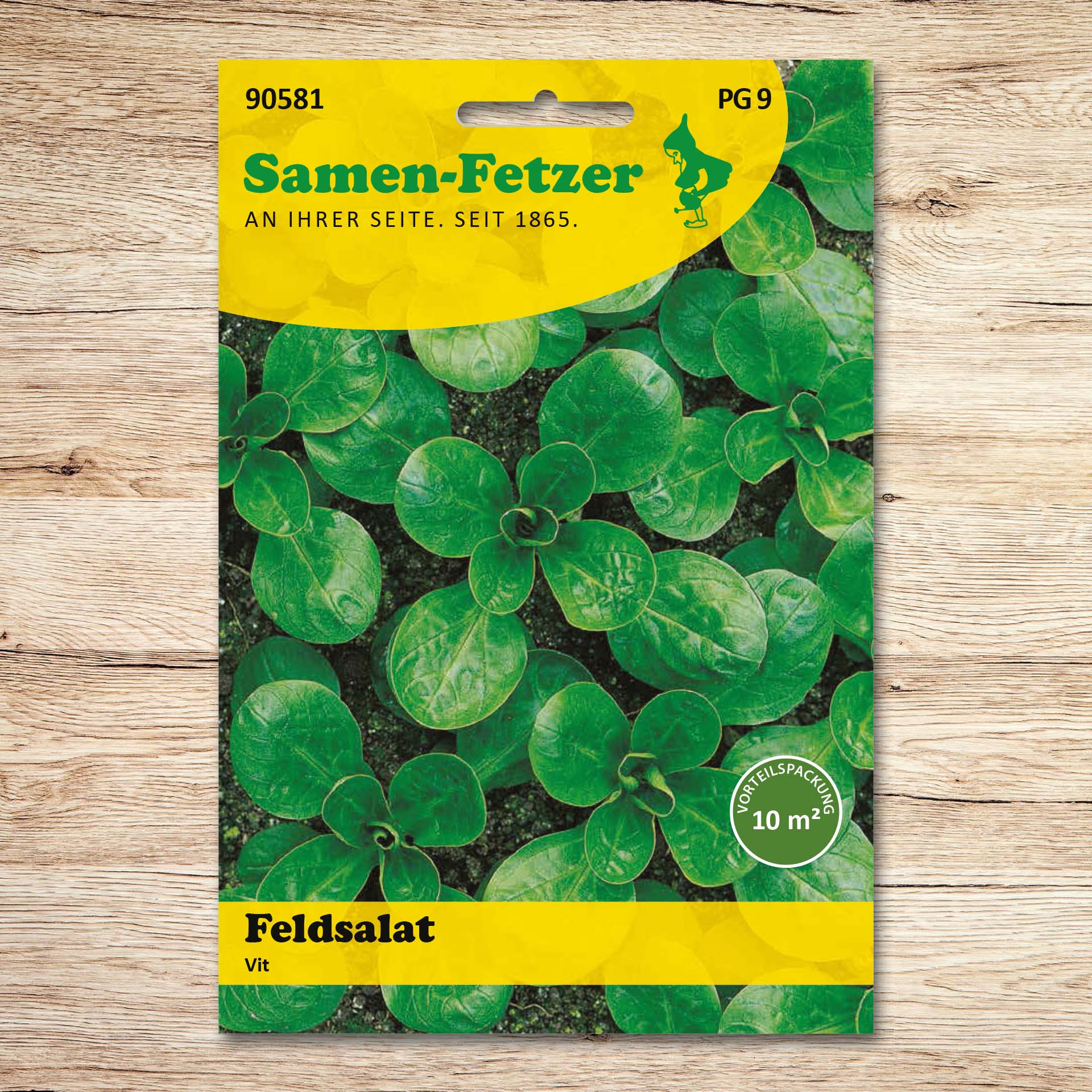 Saatgutpackung Feldsalat Vit von Samen-Fetzer mit dunkelgrünen, breitrunden Blättern; raschwüchsige, ertragreiche und gegen Falschen Mehltau resistente Feldsalatsorte