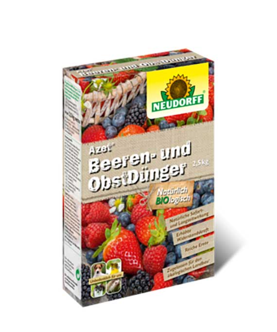 Verpackung des Neudorff Azet Beeren- und ObstDünger 2,5 kg mit Fotos von Erdbeeren, Brombeeren und Blaubeeren, Produktlogo und Informationsbeschriftung