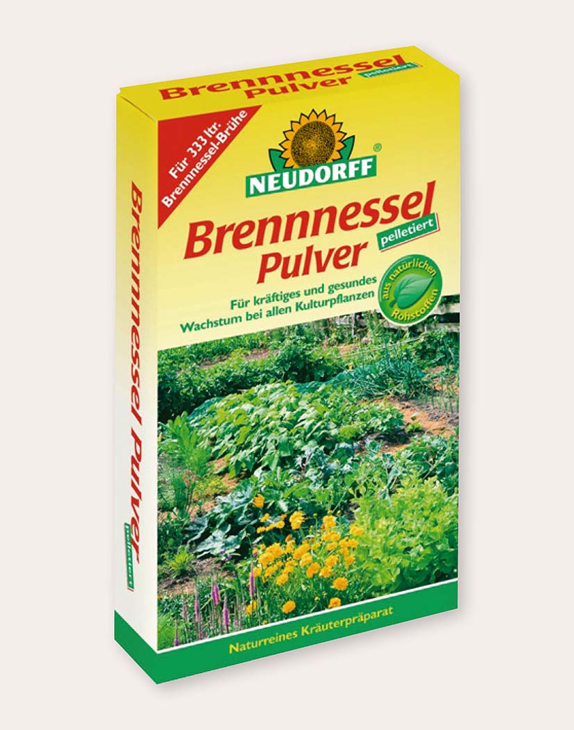 Packung Neudorff Brennnessel Pulver pelletiert, natürliches Dünger- und Pflanzenstärkungspräparat für Garten- und Kulturpflanzen, Verpackung mit Gartenmotiv