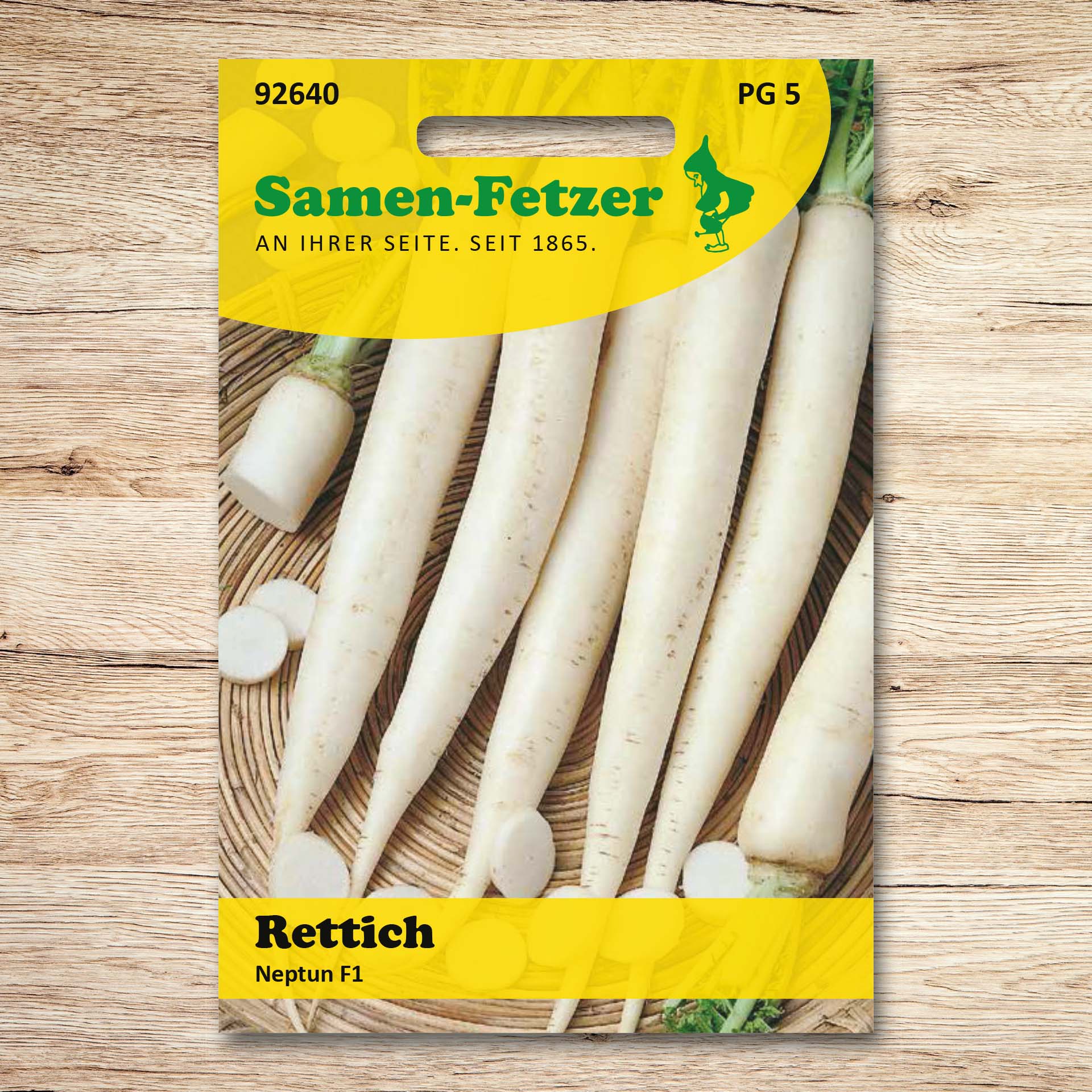 Saatgutpackung Rettich Neptun F1 von Samen-Fetzer mit langen, glatten, weißen Sommerrettichen im japanischen Typ, ideal für frische Salate und Rohkost.