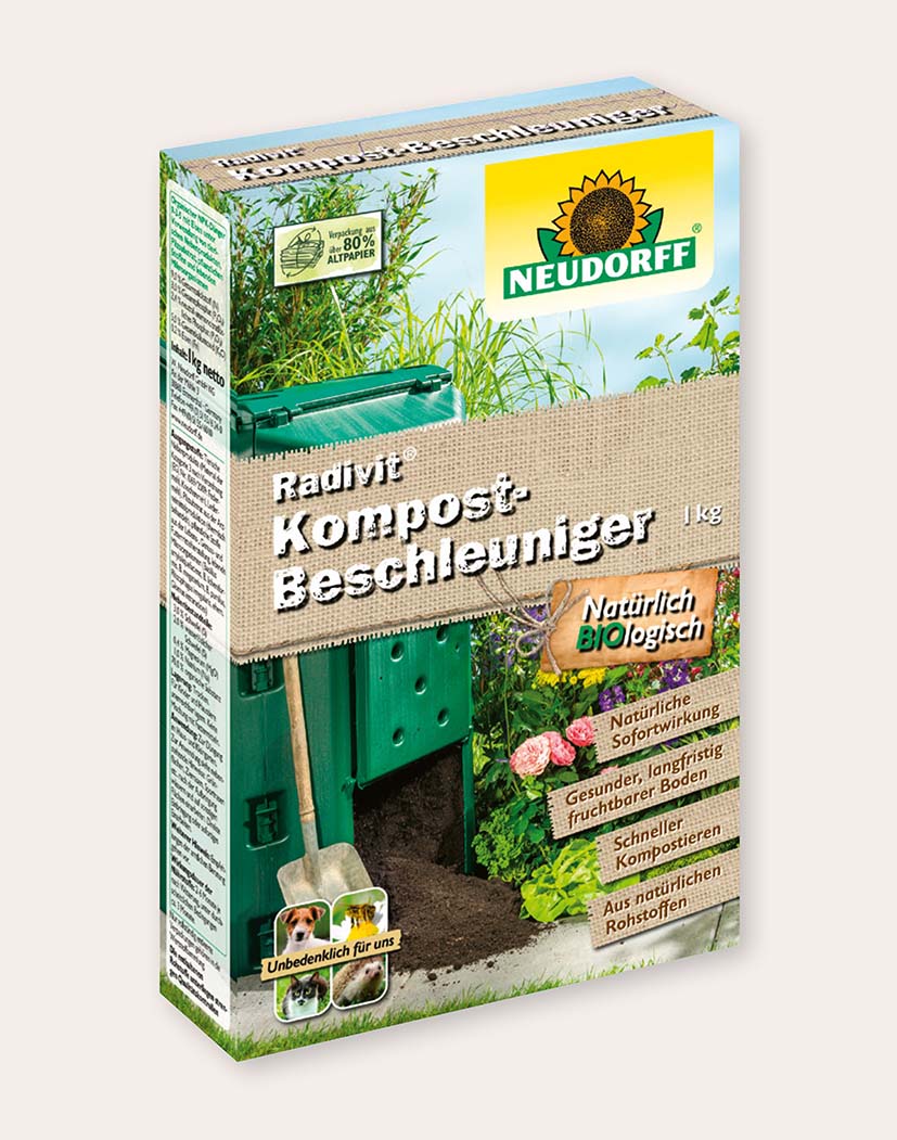Packung Neudorff Radivit Kompost-Beschleuniger 1 kg, Verpackung mit Komposter, Schaufel, Gartenmotiven und Hinweis 'Natürlich biologisch'.