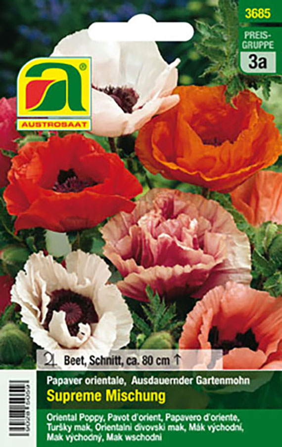 Austrosaat Saatgut-Packung Papaver orientale 'Supreme Mischung' - bunte orientalische Mohnblüten, mehrjährig, Beet- und Schnittmohn, ca. 80 cm