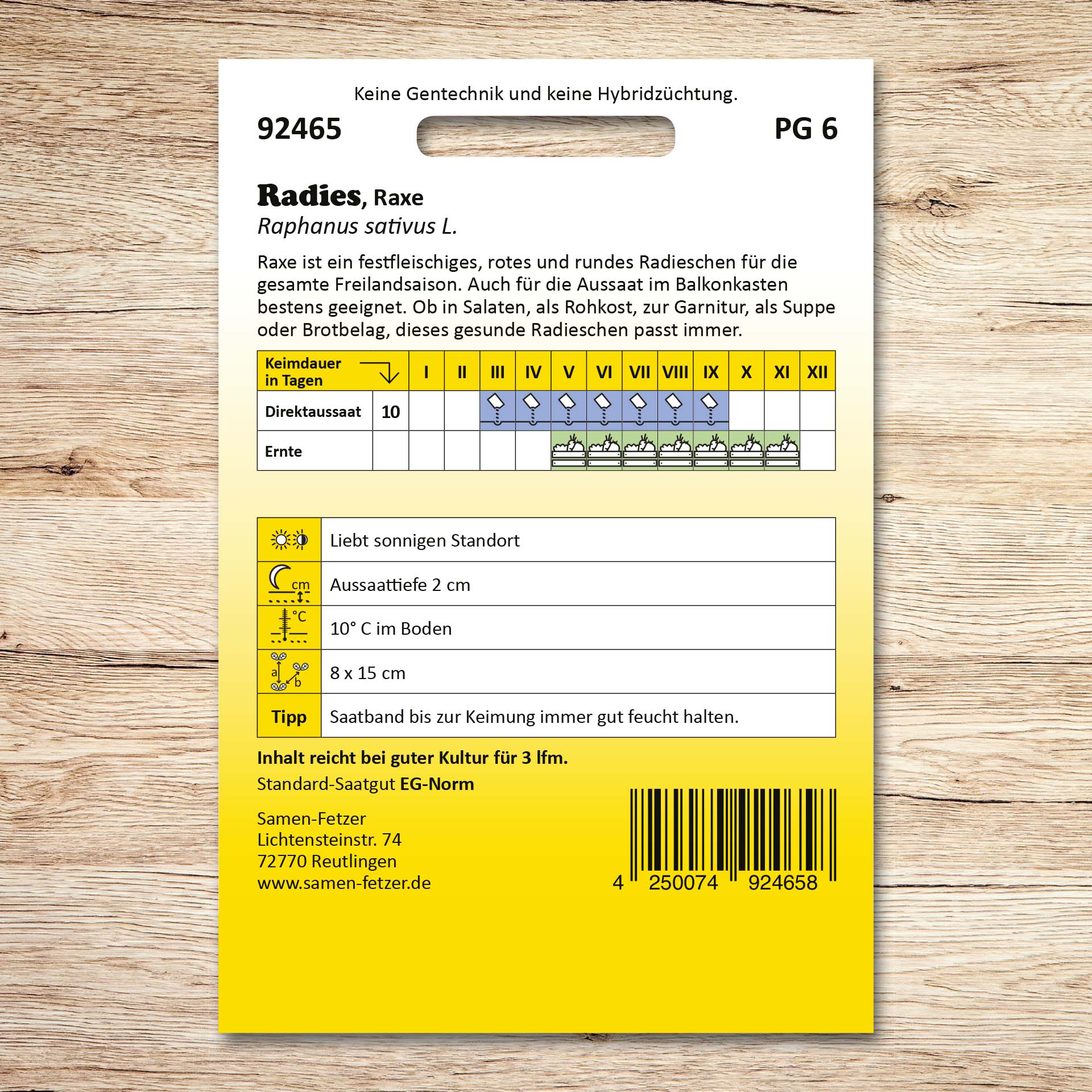 Rückseite der Saatband-Packung Radies Raxe von Samen-Fetzer mit Aussaatkalender, Erntezeiten und Pflegetipps für rote, runde Radieschen für Balkonkasten und Garten