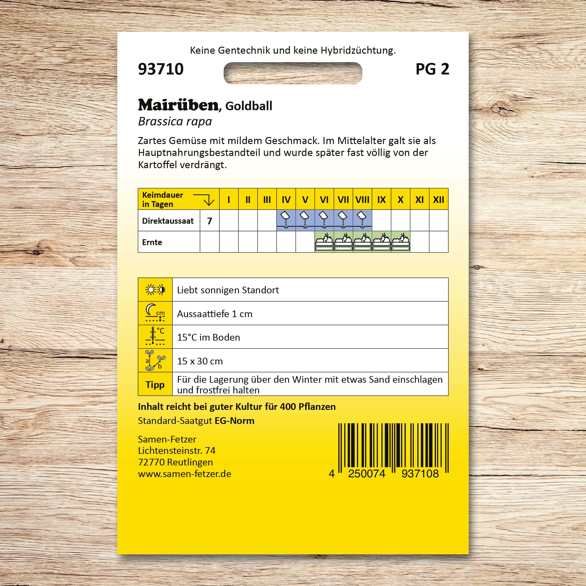Rückseite der Samenpackung Mairüben Goldball von Samen-Fetzer mit Aussaat- und Erntekalender für historische, zarte Mairüben mit mild-kohligen Geschmack.