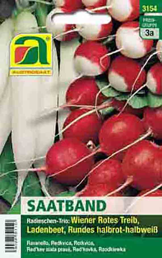 Packung Saatband mit Radieschen-Trio (Wiener Rotes Treib, Ladenbeet, rundes halbrot‑weiß), zeigt rote, halbrot‑weiße und lange weiße Radieschen, Herstellerlogo und Aufschrift 'SAATBAND'.