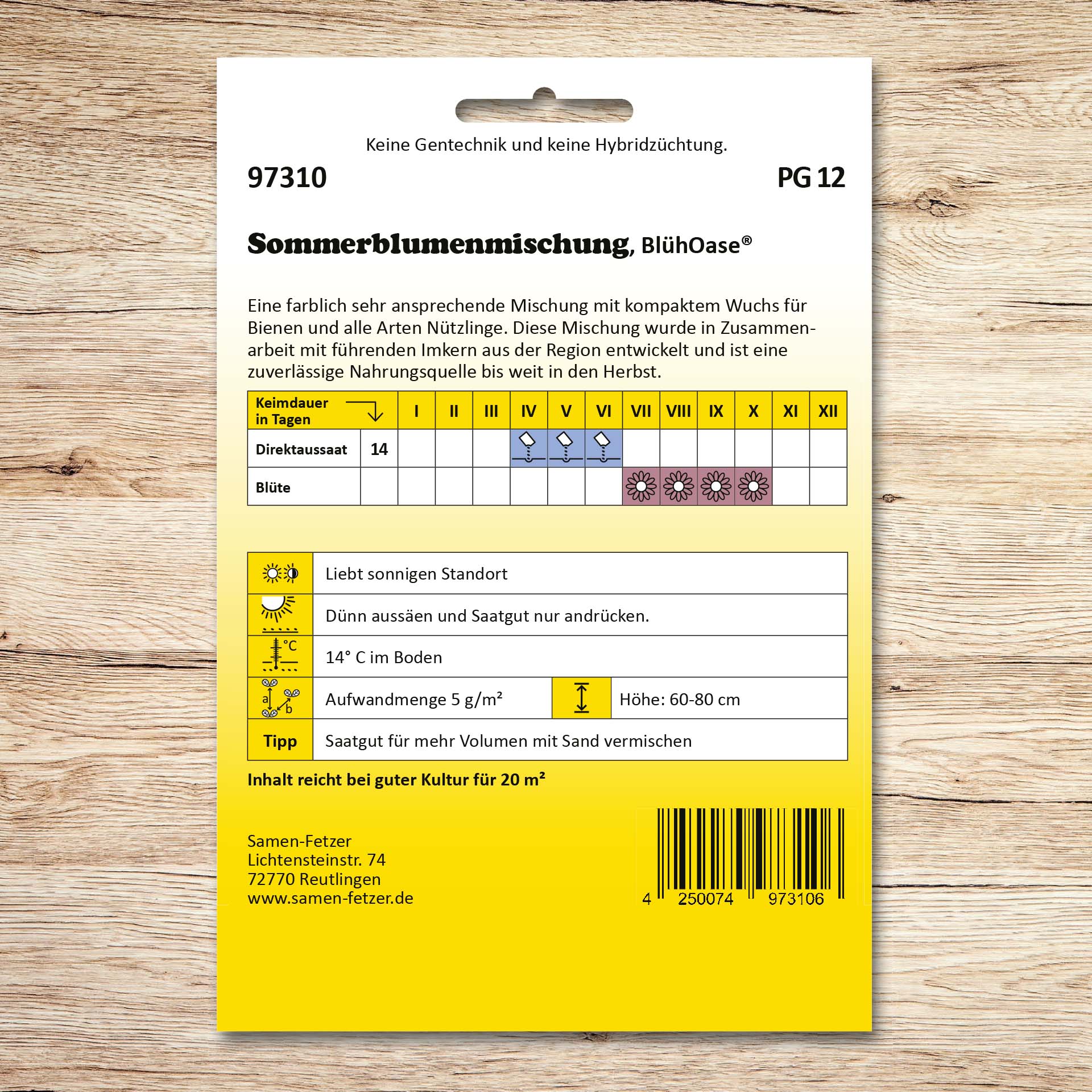 Rückseite der Samenpackung Sommerblumenmischung BlühOase® von Samen-Fetzer mit Aussaat- und Blühkalender, ideal für Bienen und Nützlinge, kompakter Wuchs, zuverlässige Nahrungsquelle bis zum ersten Frost.