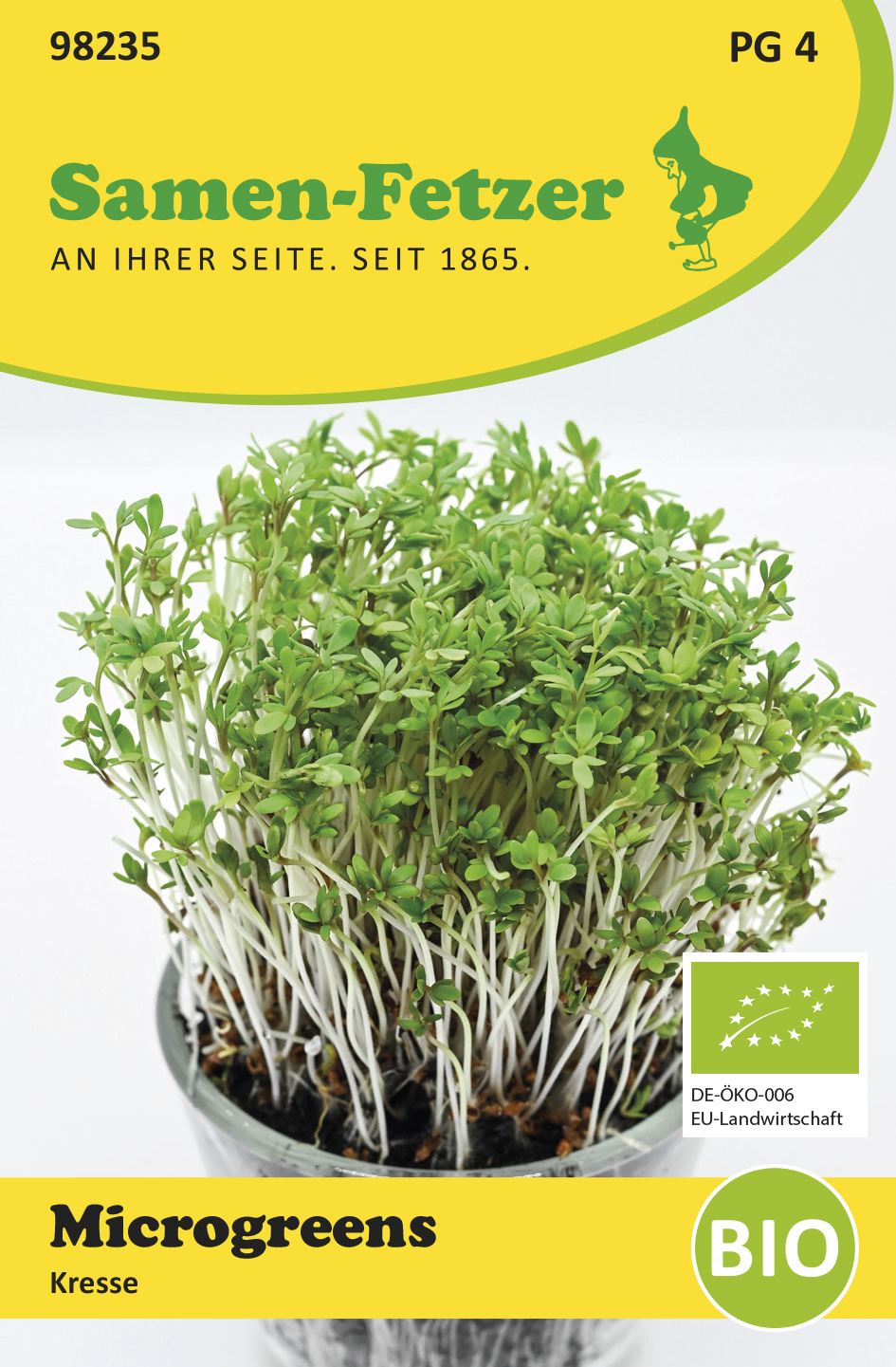 Packung Samen-Fetzer Microgreens Kresse (Bio) mit gelb-grünem Design und EU-Bio-Logo; Nahaufnahme von dicht stehenden, frischen Kresse-Sprossen in einem Topf
