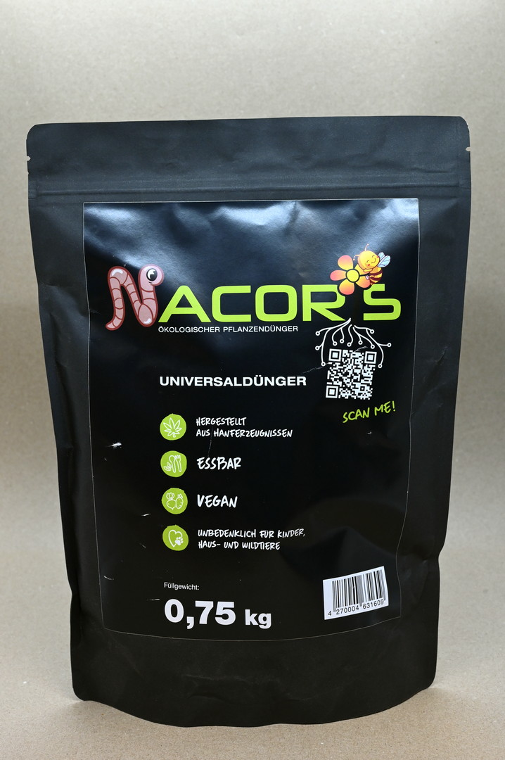 Schwarze Verpackung von Nacoris Bio-Pflanzendünger Universaldünger 0,75 kg aus Hanf, essbar, vegan und unbedenklich für Kinder und Haustiere, für Tomaten, Paprika, Zucchini und Zimmerpflanzen