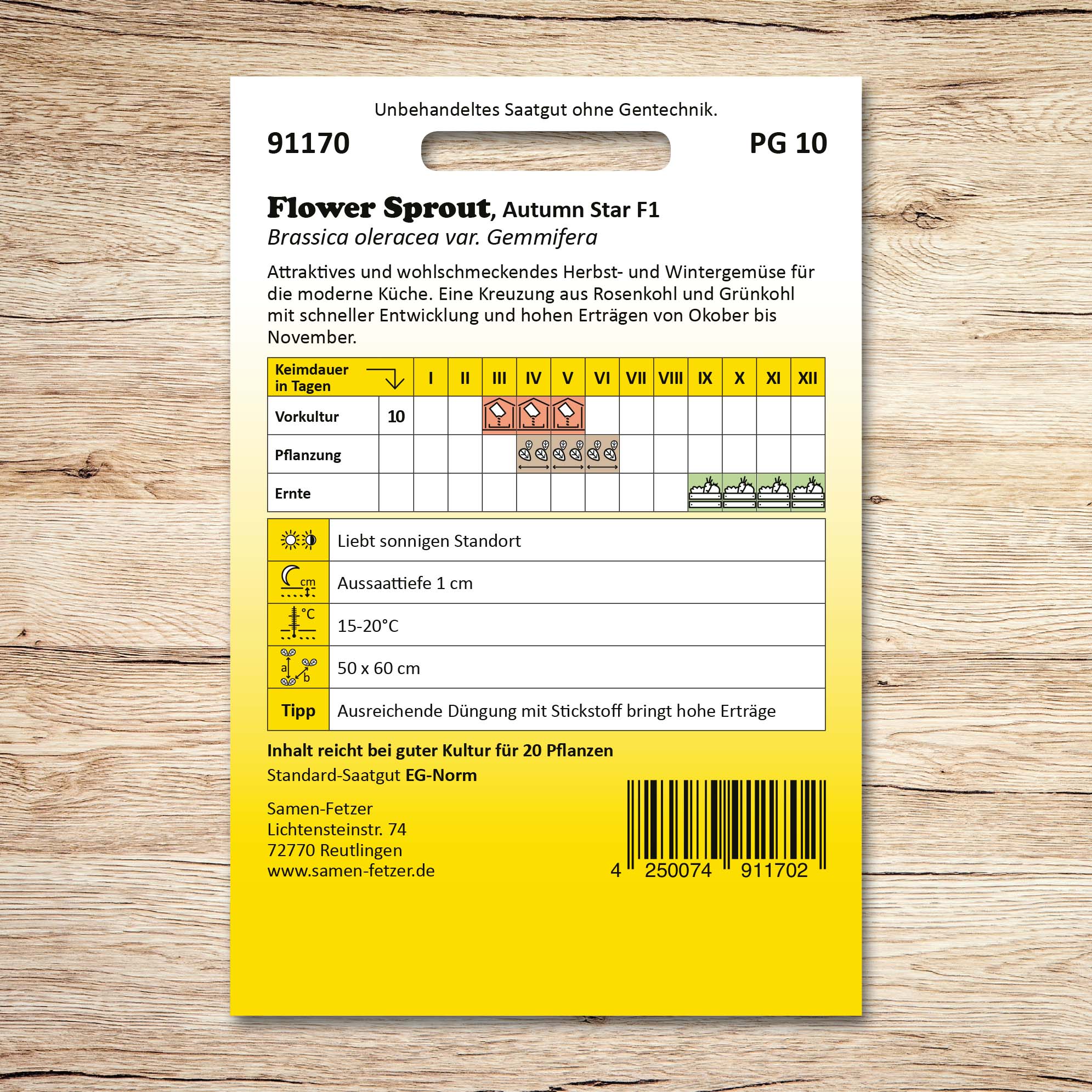 Rückseite der Samenpackung Flower Sprout Kohl Autumn Star F1 von Samen-Fetzer mit Aussaat-, Pflanz- und Erntehinweisen für ertragreiches Herbst- und Wintergemüse