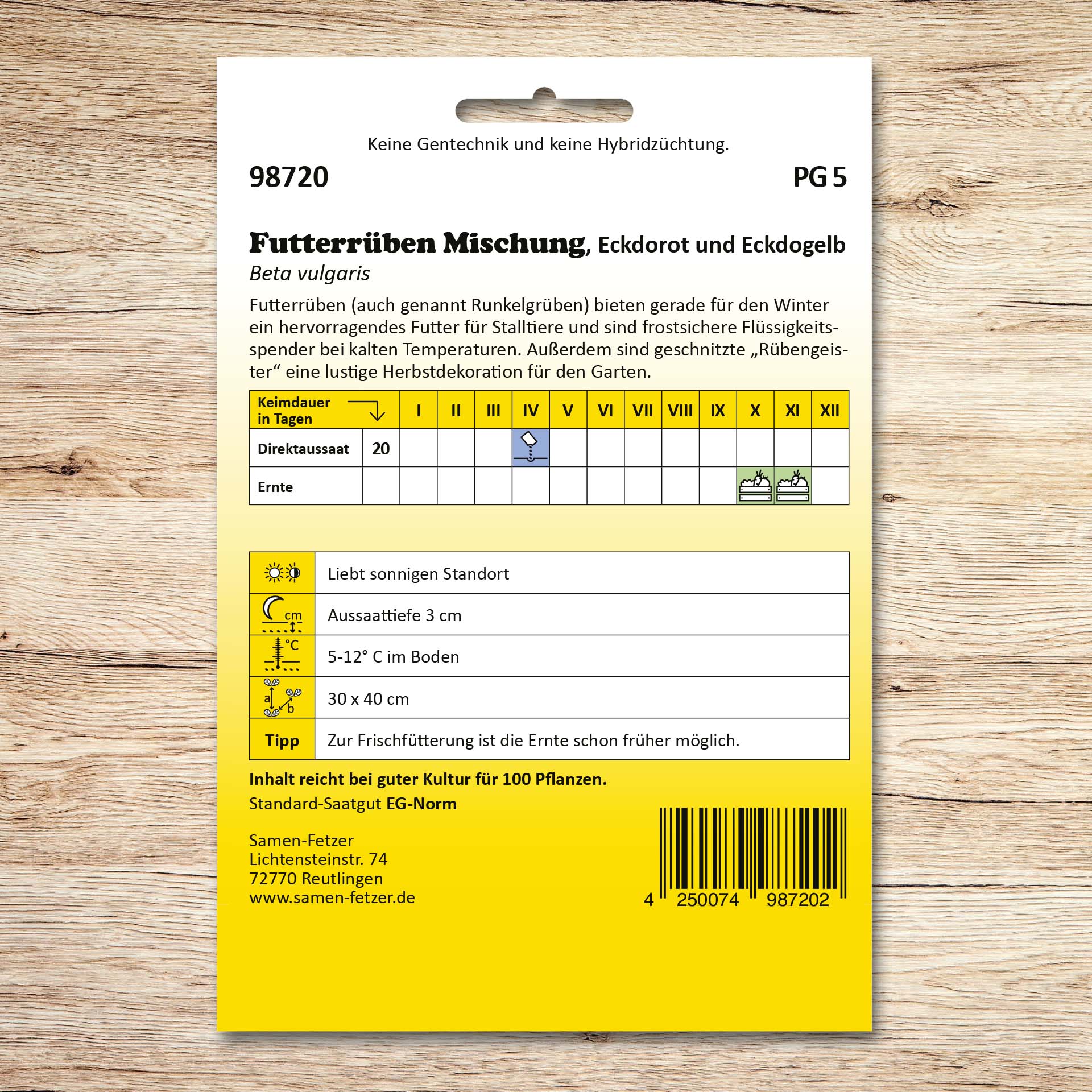 Rückseite der Saatgutpackung Samen-Fetzer Futterrüben Mischung Eckdorot und Eckdogelb mit Aussaat- und Erntekalender für winterliches Viehfutter.