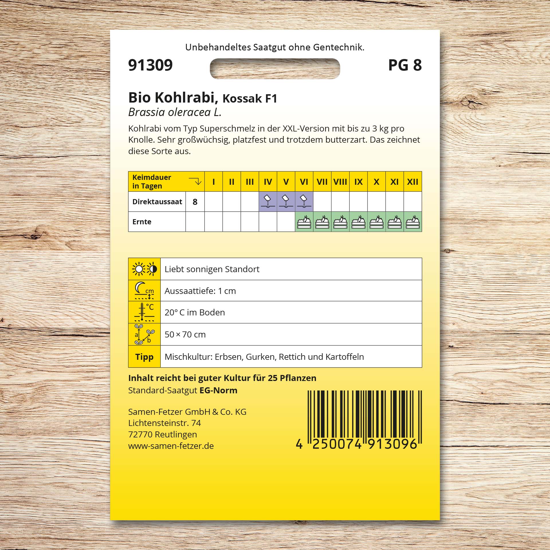 Rückseite der Samenpackung Kohlrabi (Bio) Kossak F1 von Samen-Fetzer mit Aussaat- und Erntekalender, Standortangaben und Infos zur XXL-Sorte vom Typ Superschmelz mit bis zu 3 kg, butterzart und platzfest.