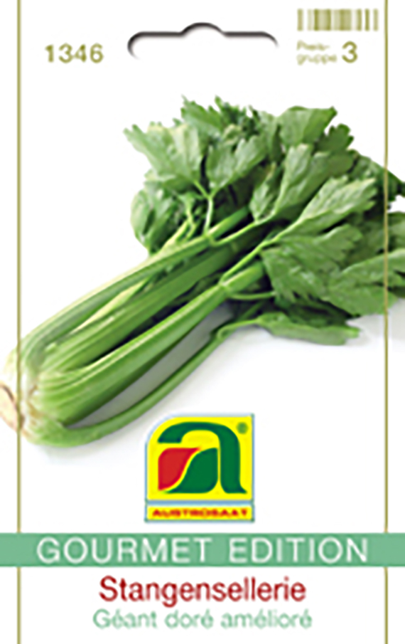 Stangensellerie-Saatgut 'Géant doré amélioré' auf Verpackung der Gourmet Edition, grüner Sellerie-Bund