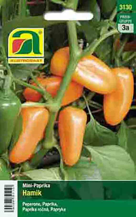 3130 Saatgutpackung Mini-Paprika Hamik mit reifen, länglichen orangefarbenen Früchten am Stängel und grünem Blattwerk