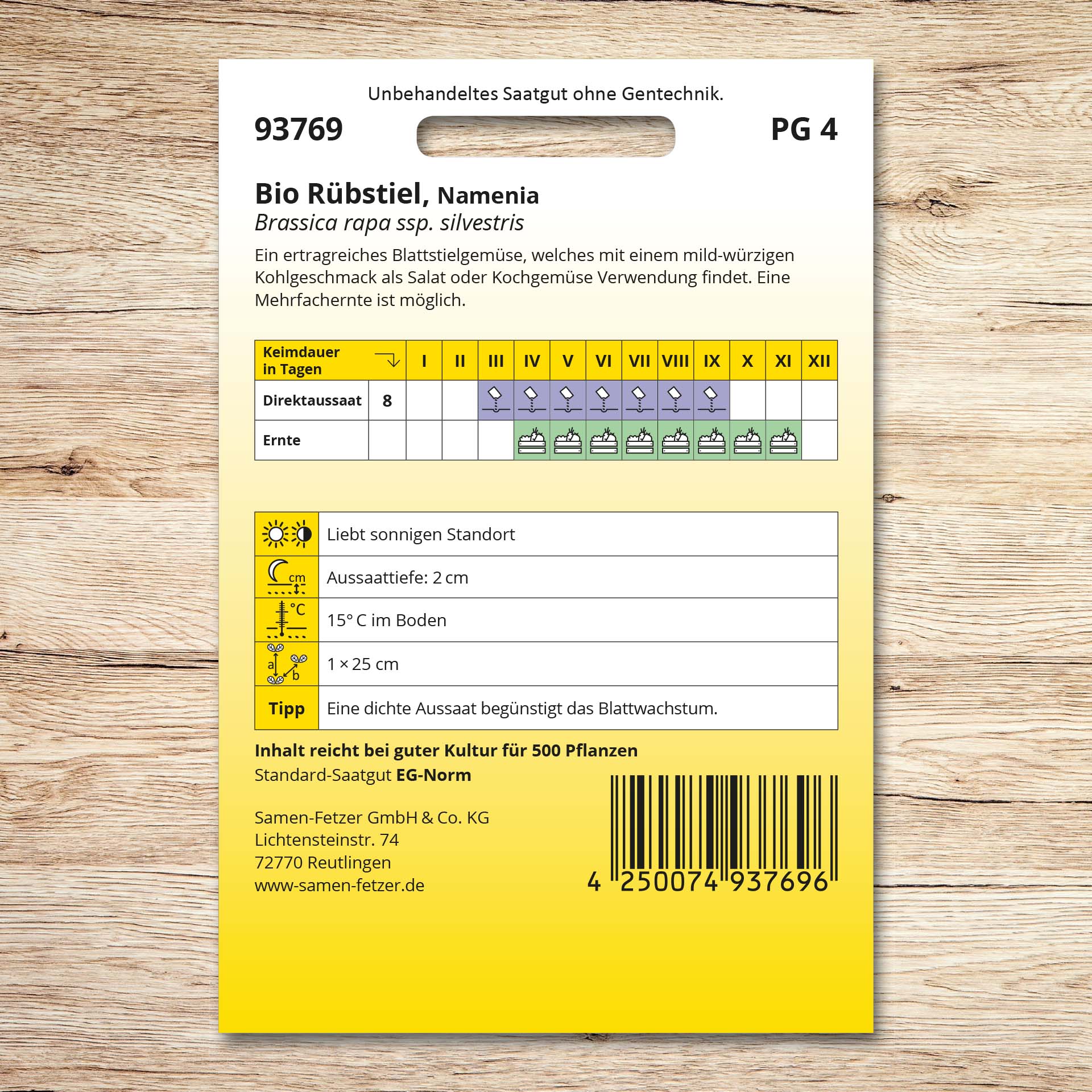 Rückseite der Samenpackung Bio Rübstiel Namenia von Samen-Fetzer mit Aussaat- und Erntehinweisen für ertragreiches Blattstielgemüse mit mild-würzigem Kohlgeschmack, geeignet als Salat oder Kochgemüse.