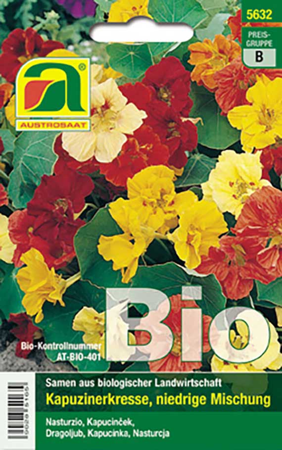 Samenpackung Bio Kapuzinerkresse (niedrige Mischung) mit bunten gelben, roten und cremefarbenen Blüten, Austrosaat-Logo und Schriftzug 'BIO'